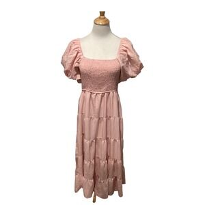 Illusory Pink Smocked Puff Sleeve Tiered Midi Dress Womens XL Cottagecore Summer